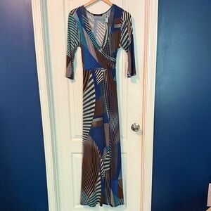 Elegant Blue and Brown Maxi Dress